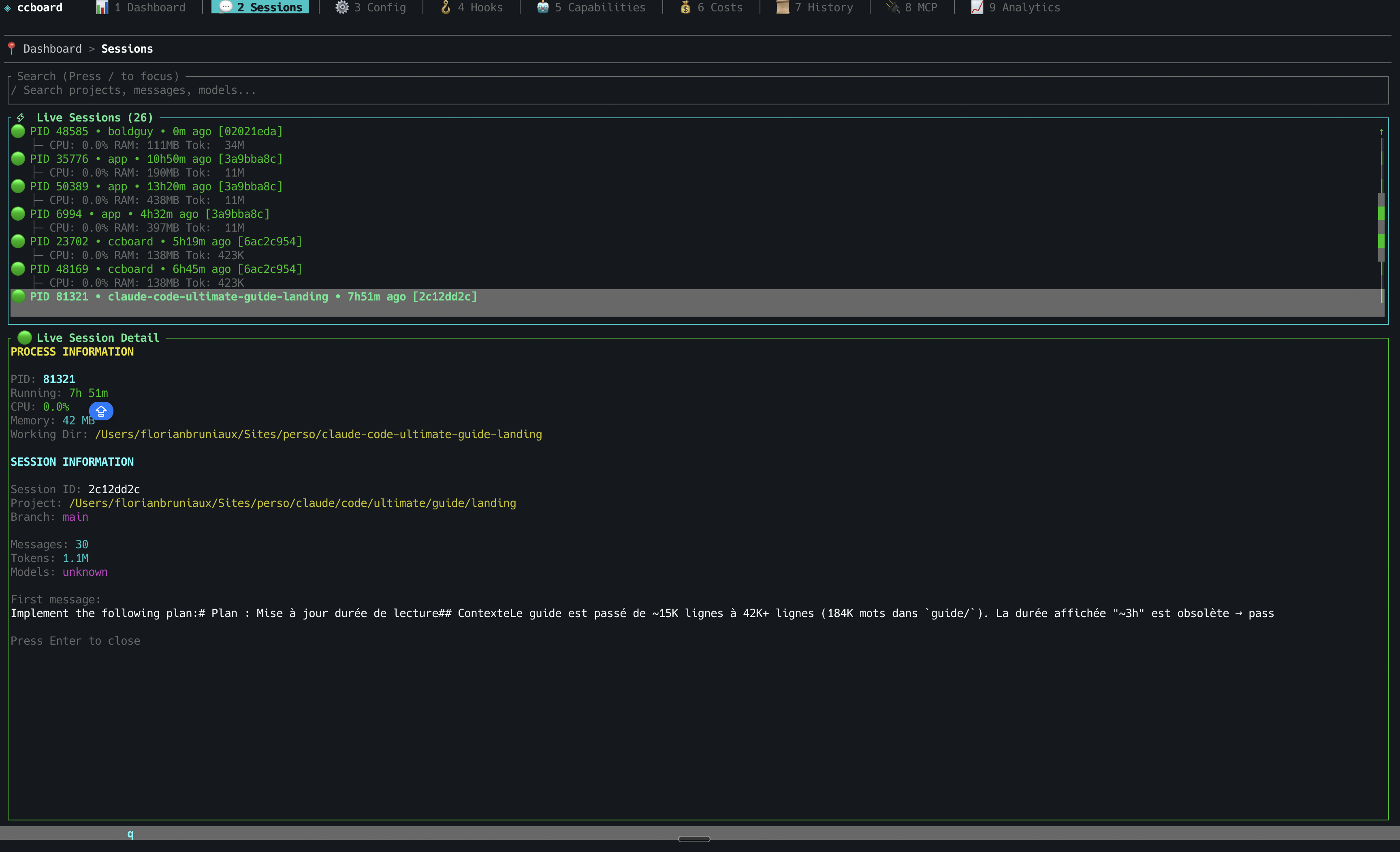 TUI Sessions Browser with live process monitoring